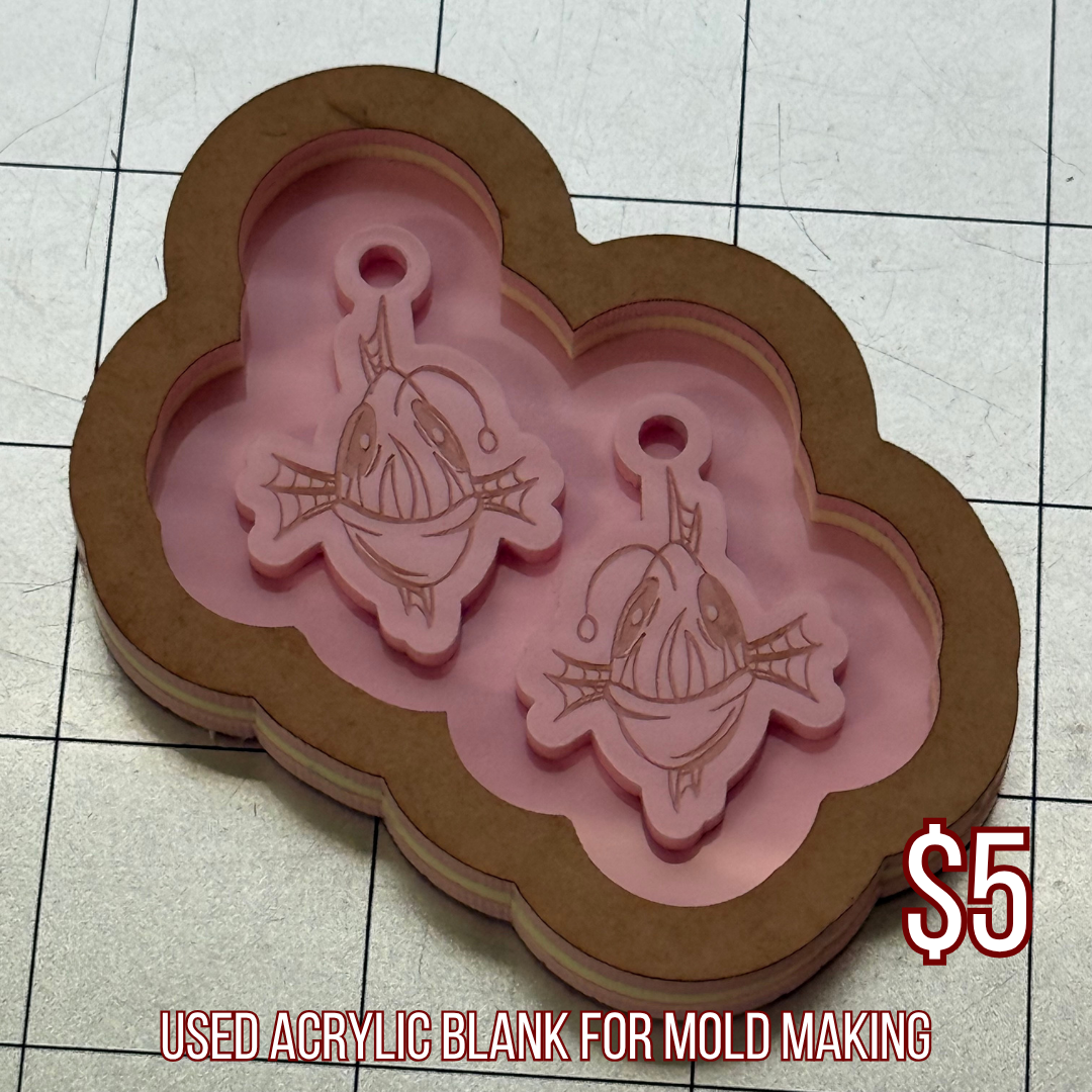 Used Angler Fish Acrylic Earrings Blank for Mold Making with Attached Housing