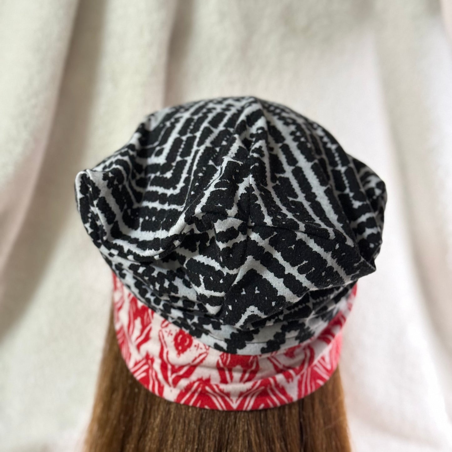 Black & Red Geometric Lightweight Slouch Beanie – Upcycled Everyday Hat