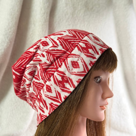 Red Geometric Lightweight Slouch Beanie – Upcycled Everyday Hat