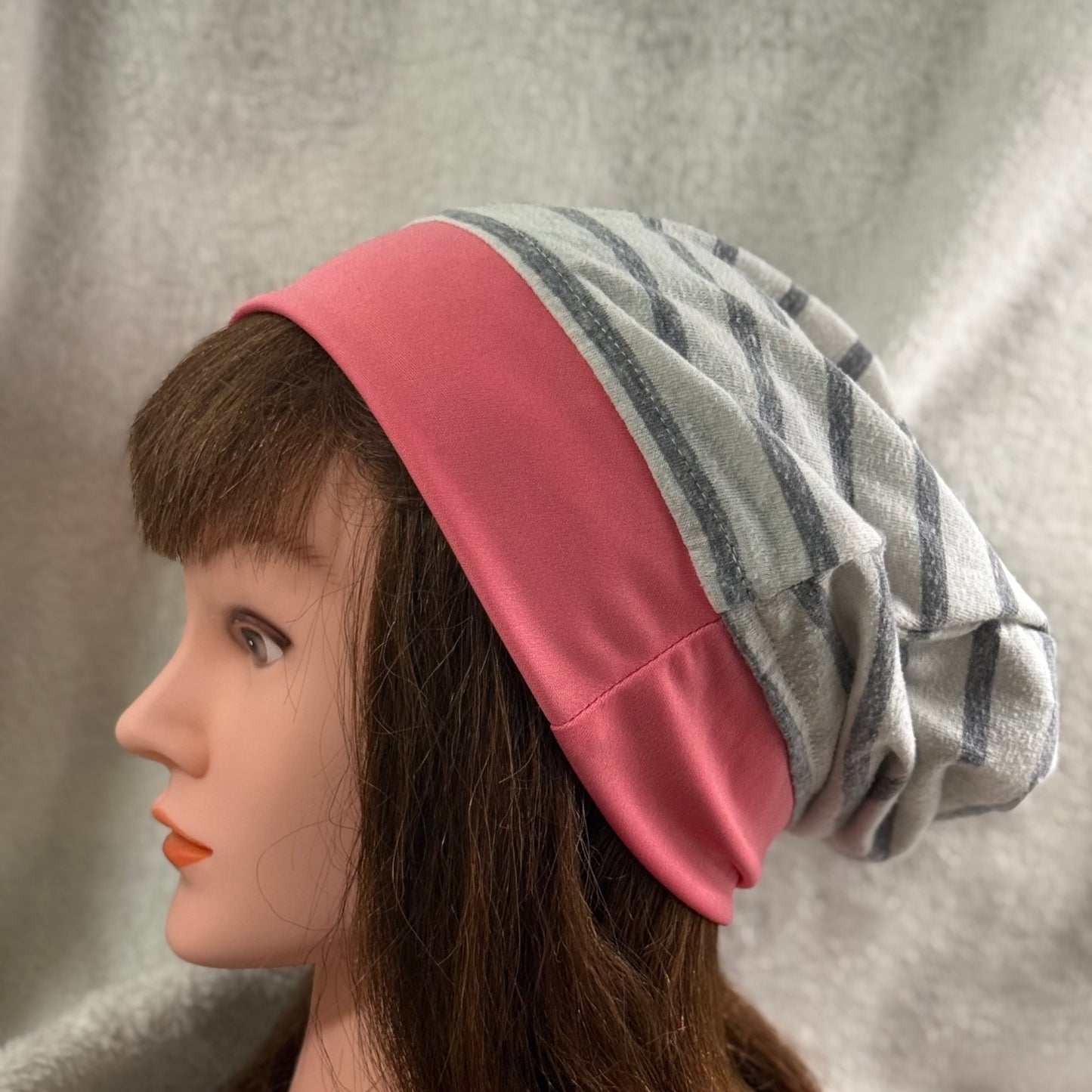 Striped & Pink Slouch Beanie – Upcycled Everyday Hat