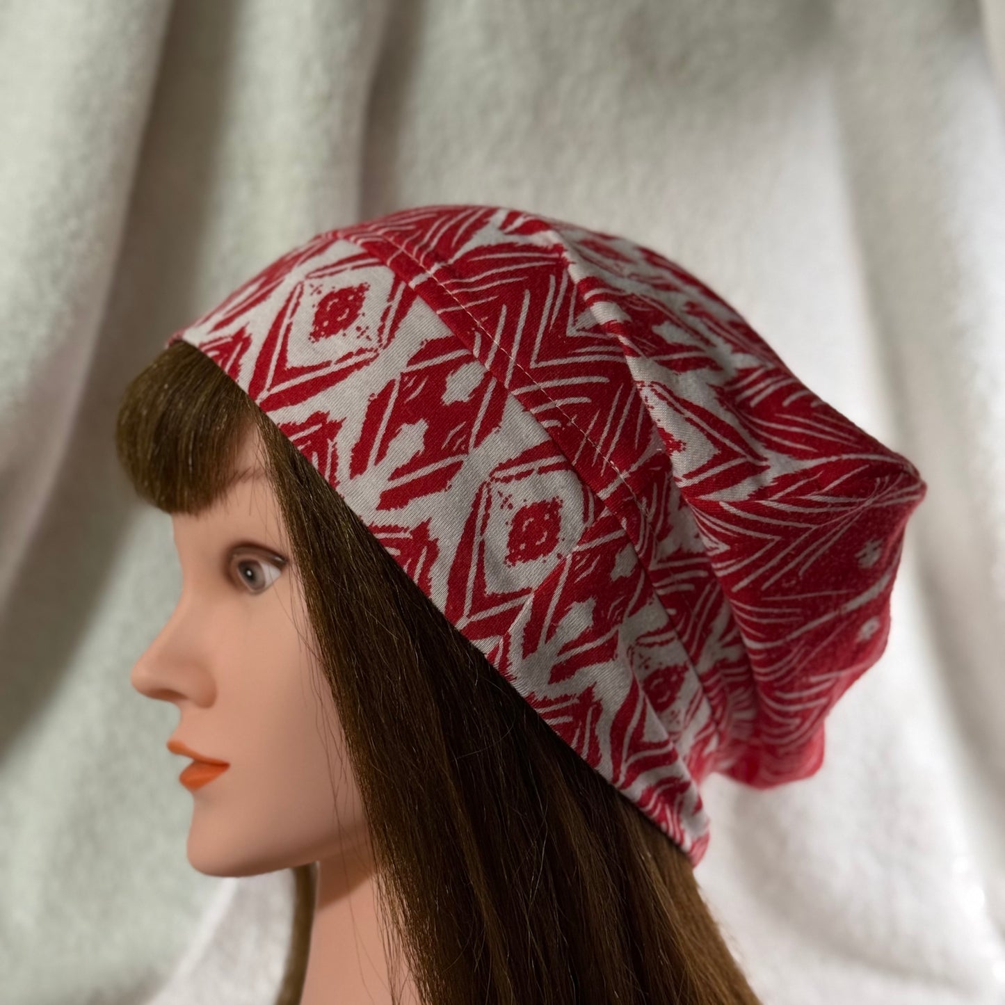 Red Geometric Lightweight Slouch Beanie – Upcycled Everyday Hat