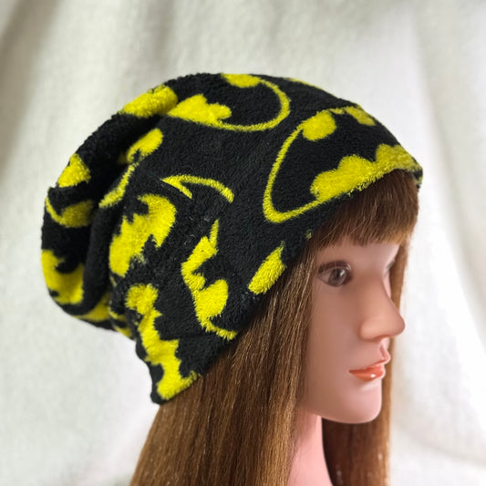 Dark Hero Fleece Slouch Beanie – Upcycled Cozy Winter Hat
