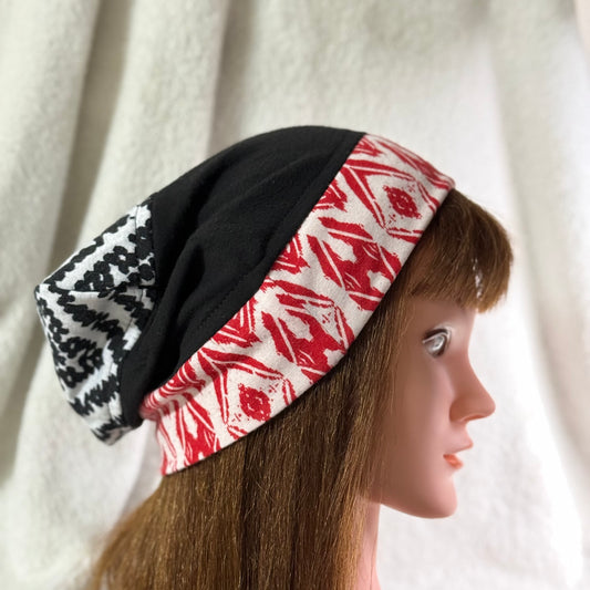 Black & Red Geometric Lightweight Slouch Beanie – Upcycled Everyday Hat