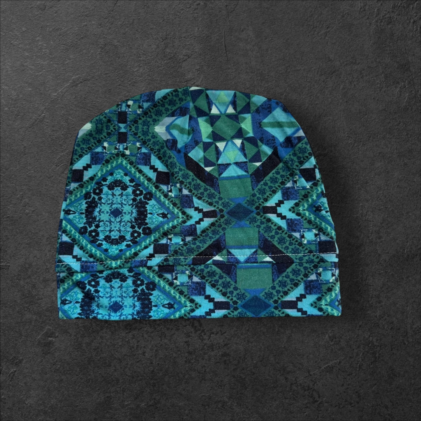 Blue Mosaic Slouch Beanie – Upcycled Everyday Hat