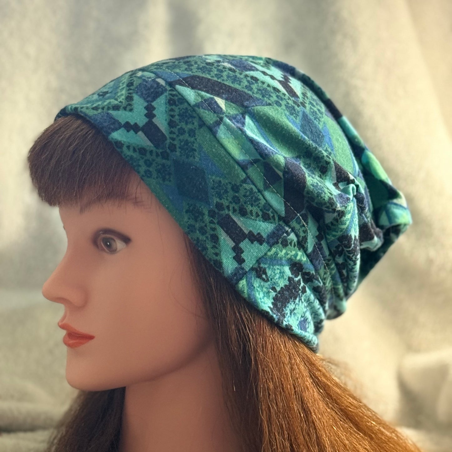 Blue Mosaic Slouch Beanie – Upcycled Everyday Hat