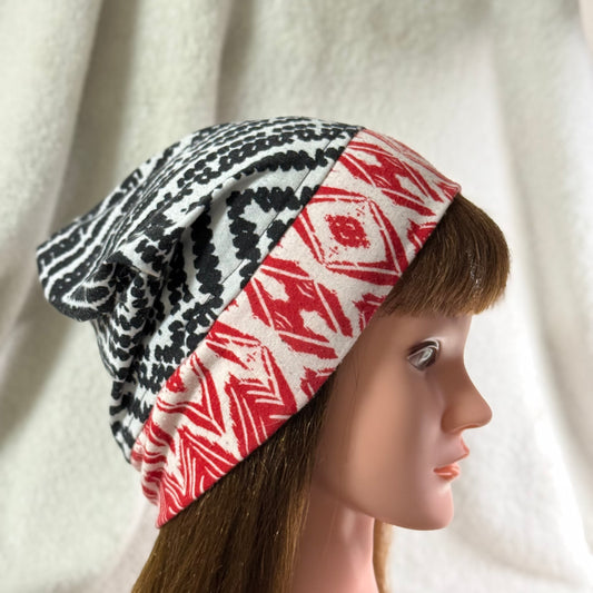 Black & Red Geometric Lightweight Slouch Beanie – Upcycled Everyday Hat