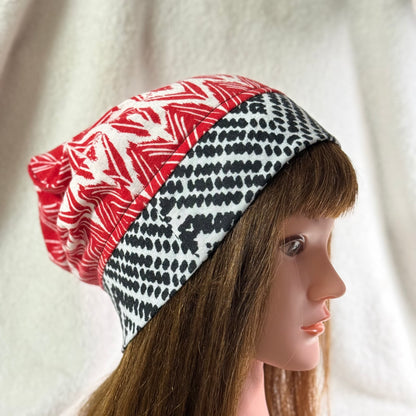 Black & Red Geometric Lightweight Slouch Beanie – Upcycled Everyday Hat