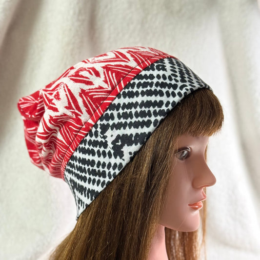 Black & Red Geometric Lightweight Slouch Beanie – Upcycled Everyday Hat