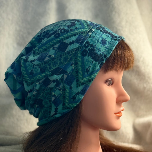 Blue Mosaic Slouch Beanie – Upcycled Everyday Hat