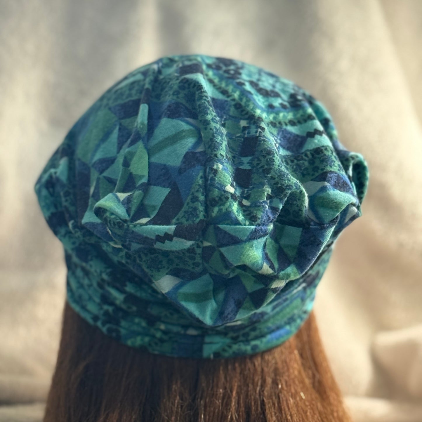Blue Mosaic Slouch Beanie – Upcycled Everyday Hat
