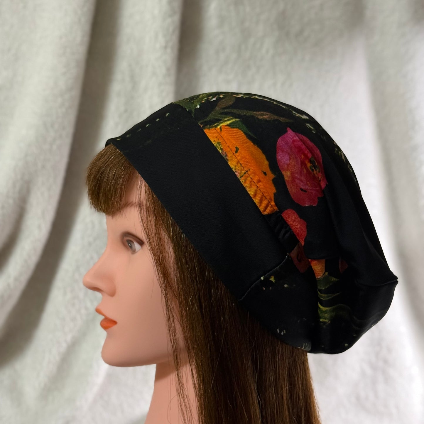 Midnight Bloom Lightweight Slouch Beanie – Upcycled Everyday Hat