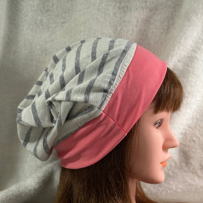 Striped & Pink Slouch Beanie – Upcycled Everyday Hat