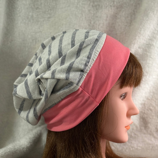 Striped & Pink Slouch Beanie – Upcycled Everyday Hat