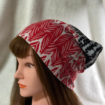 Black & Red Geometric Lightweight Slouch Beanie – Upcycled Everyday Hat